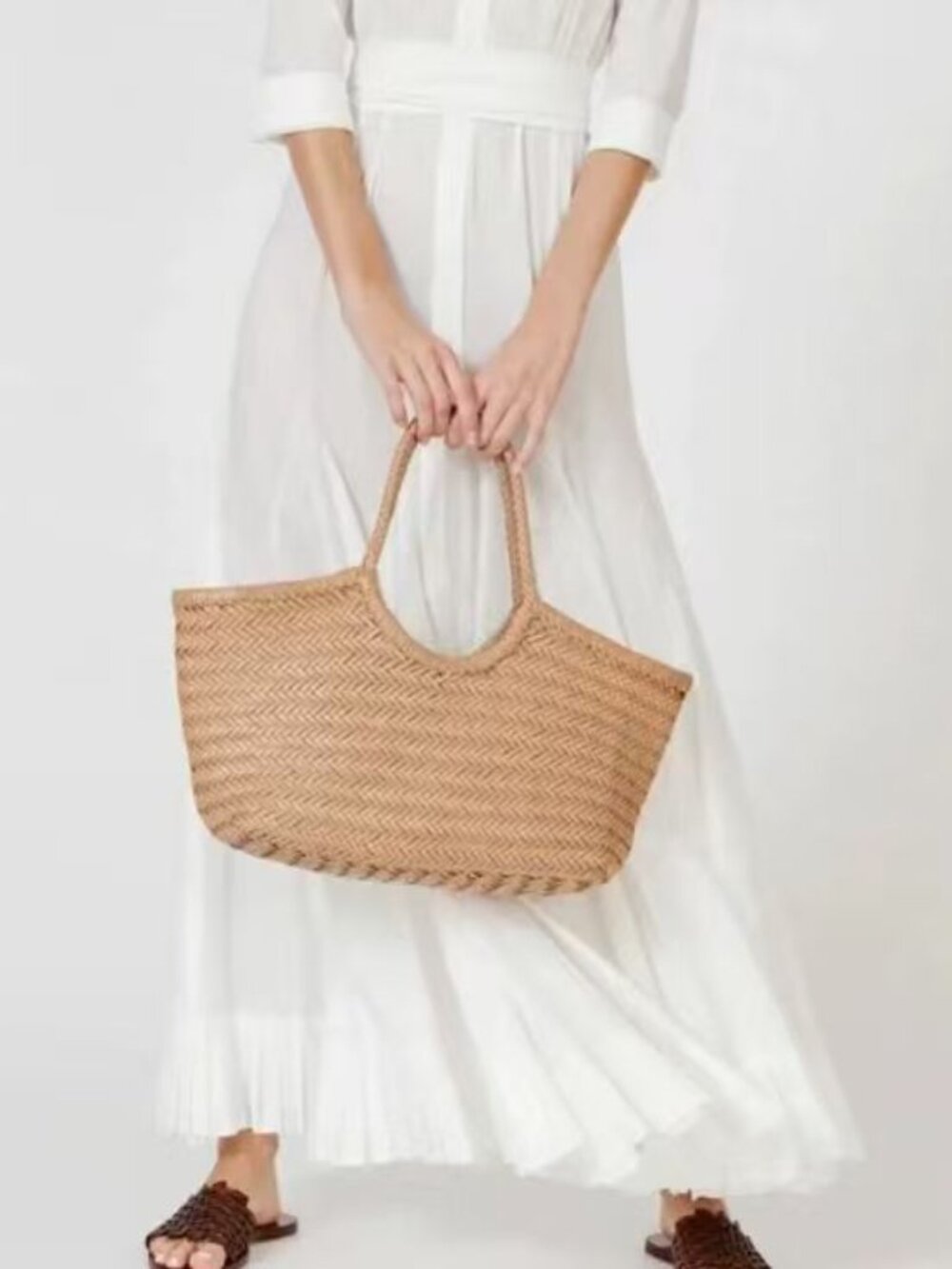 Dragon Diffusion Woven Leather Tote Bag Large Tan Basket Style